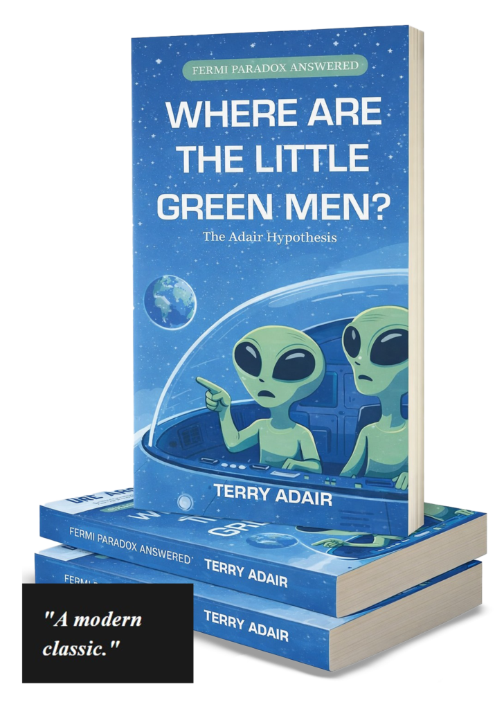 Where Are the Little Green Men book cover by Terry M Adair with alien illustration
